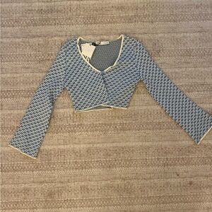 Zara Sweaters | Zara Light Blue Geometric Cropped Button Cardigan Flare Sleeve